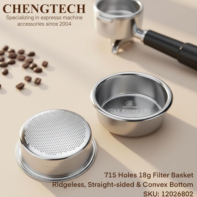 Espresso Accessories, 18g Convex Arc Espresso Basket – 715 Precision Holes (0.3mm), Slow-Flow Ridgeless Design for Sweet & Balanced Espresso Extraction