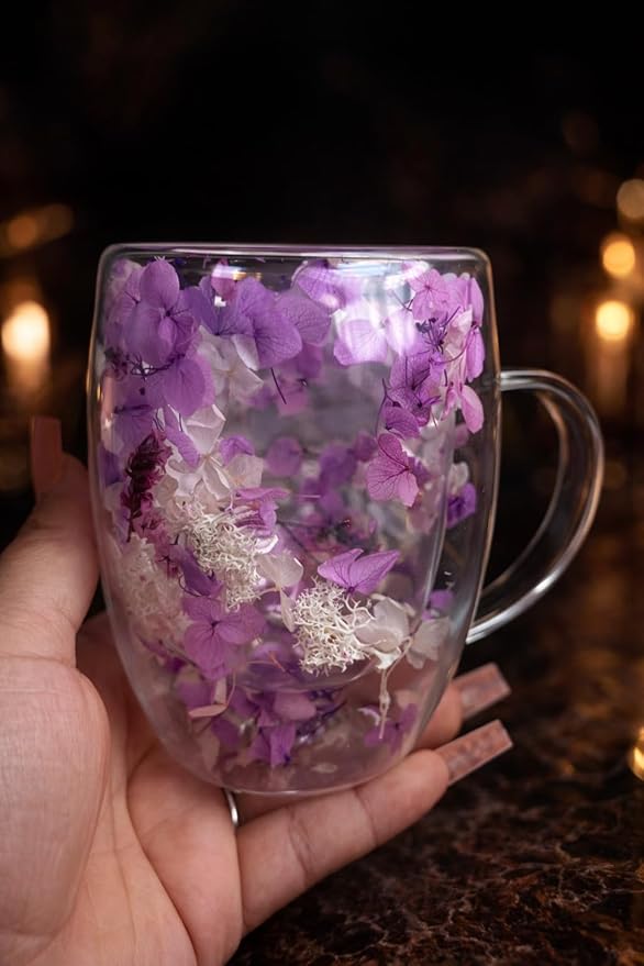 Leilanis Double Wall Glass Coffee Mug, Floral Design, Transparent Cup with Autumn Flowers (style 6)