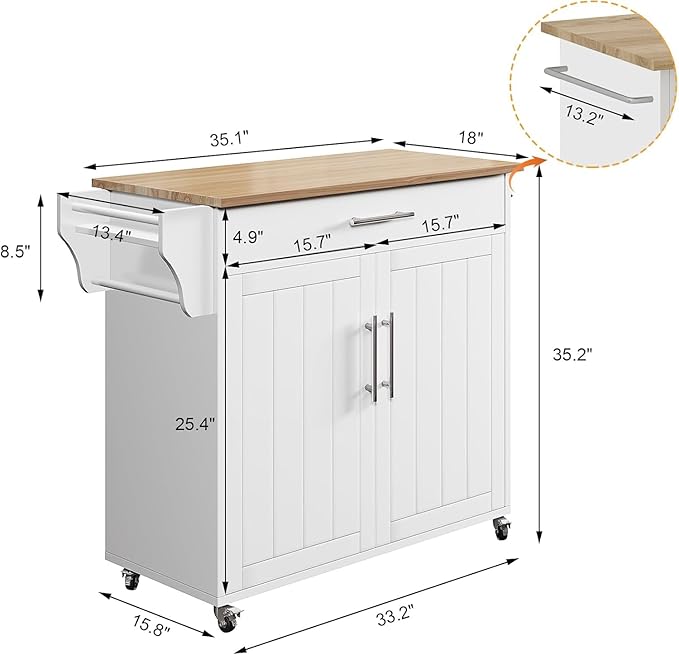 Kitchen Storage Island, Wooden Rolling Kitchen Island On Wheels with Countertop, Mobile Kitchen Island Cart with Towel Rack, Spice Rack and Drawers, White