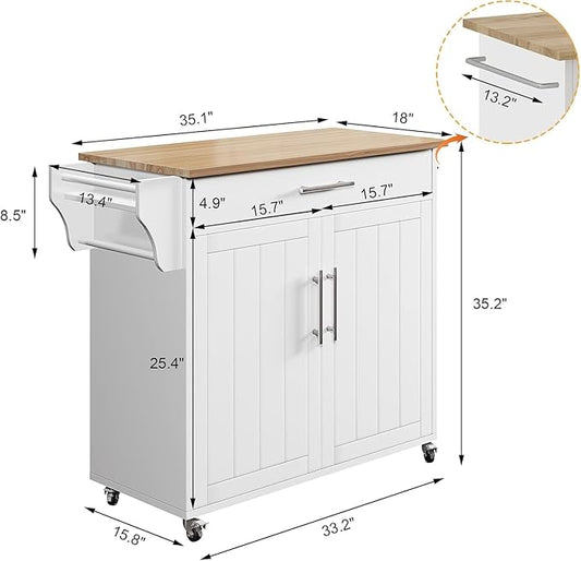 Kitchen Storage Island, Wooden Rolling Kitchen Island On Wheels with Countertop, Mobile Kitchen Island Cart with Towel Rack, Spice Rack and Drawers, White