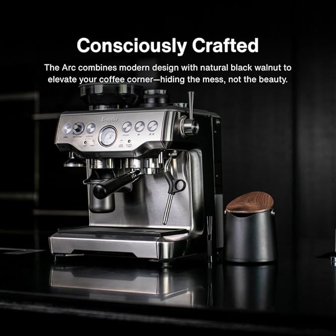Crema Coffee Products Arc Knock Box | Holds 12–16 Espresso Pucks | Durable Stain Resistant Build with Non Slip Base | Walnut Plastic Lid | Easy Clean Up Moisture Control | Black Finish