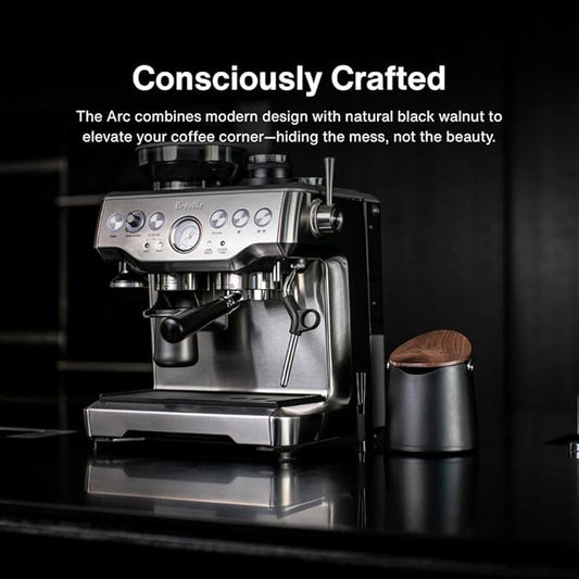 Crema Coffee Products Arc Knock Box | Holds 12–16 Espresso Pucks | Durable Stain Resistant Build with Non Slip Base | Walnut Plastic Lid | Easy Clean Up Moisture Control | Black Finish