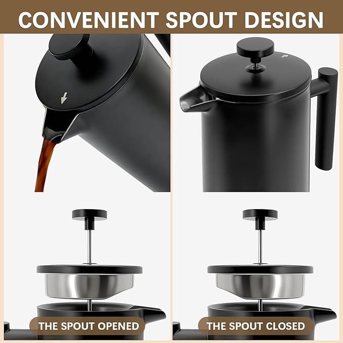 CAOANTRY French Press Coffee Maker, 304 Grade Stainless Steel French Press with 2 Extra Filters for Home, Office, Travel, Camping - 34OZ/2 Litre (Black)