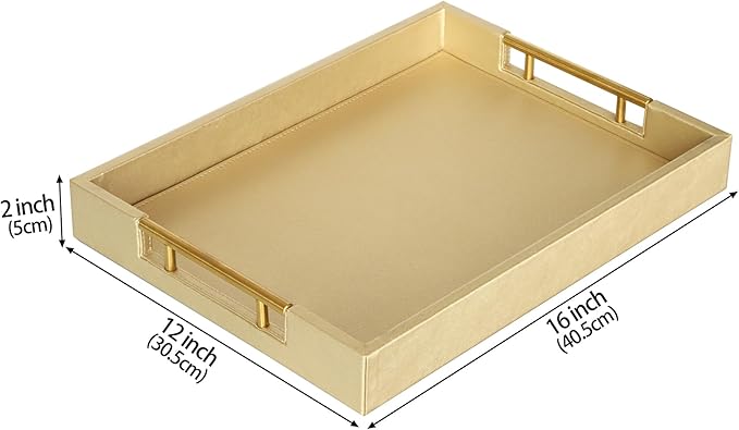 HofferRuffer Faux Leather Serving Tray with Gold Metal Handles, Stylish Decorative Tray Organizer for Coffee Table, Ottoman, Home Decor and Serving (Gold, 16.2" x 12.2" x 2")