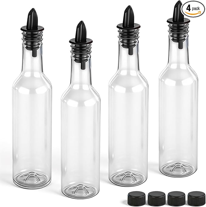 Tioncy 4 Sets 10 oz Plastic Liquor Bottles with Pourers Sets 4 Plastic Long Neck Syrup Bottles with Pourer and Caps Reusable Leakproof for Home Party Bar(Black)