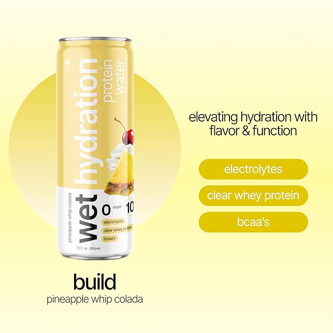 Wet Hydration | Functional Wellness Water, Non-Carbonated - Pineapple Whip Colada (12 fl. oz.| Pack of 12) - Zero Calorie Hydration Drink with Electrolytes, Clear Whey Protein, BCAAs, Protein Water, No Sugar, No Artificial Ingredients