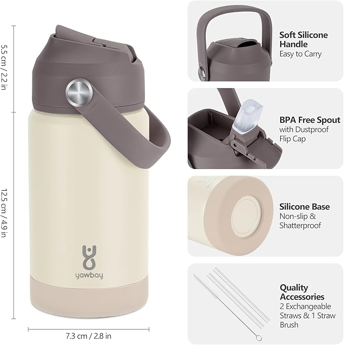 Kids Insulated Water Bottle with Straw Lid & Silicone Handle,12oz Kids Leak Proof Water Bottle for School Boys Girls,Double Wall Vacuum Stainless Steel with Non-slip Silicone Base(Beige)