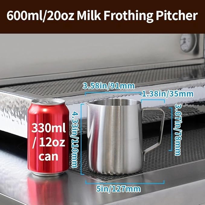 watchget Stainless Steel Milk Frothing Pitcher 20oz/600ml - Espresso Steaming Pitcher for Cappuccino, Latte Art, Coffee Machine Accessories Milk Jug Coffee Frother Cup, Matt Silver