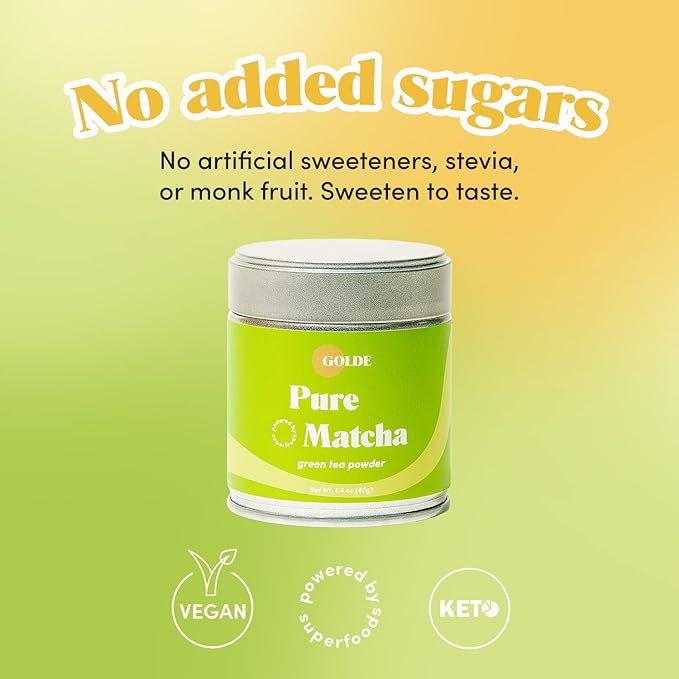 GOLDE - Pure Matcha - Ceremonial Grade Matcha Powder - Organic Green Tea Superfood w/L-Theanine - Rich in Antioxidants - Vegan - Gluten Free - 60mg Caffeine - Jitter Free Energy - 30g Tin