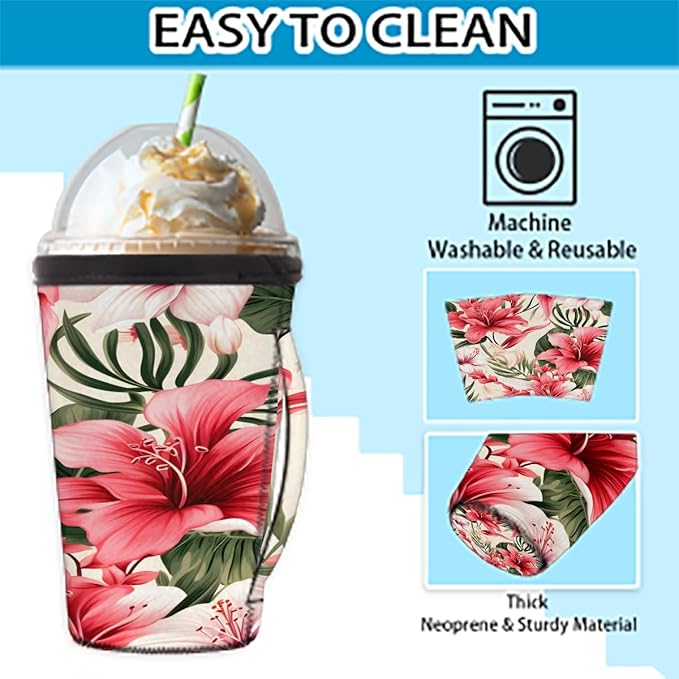 Reusable Iced Coffee Cup Sleeve Tropical Flowers Neoprene Insulated Sleeves Cup Holder with handle Idea for 16oz - 18oz