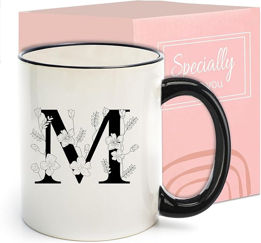 Monogram Ceramic Coffee Mugs, 11 oz Initial Drinking Cup with Gift Box, Unique Birthday Valentines Day Gifts for Women Wife Mothers Day Grandma Mom Aunt, M
