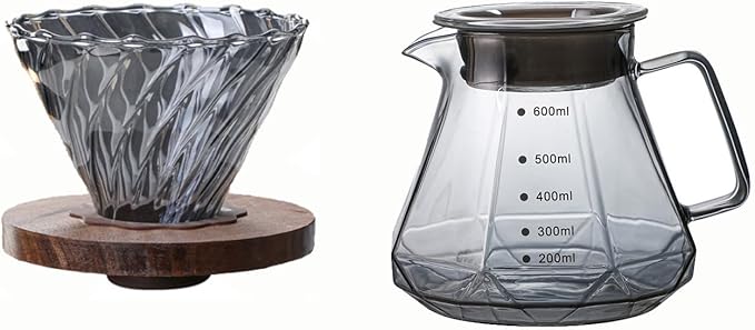 BeeCa Smoked Glass Pour Over Coffee Maker Set, 20oz/600ml All-in-One Brewer, Borosilicate Carafe with Handle & Lid, Includes 50 cone-shaped paper filters (Size 02), Home Office Essential