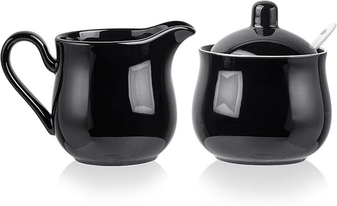 12 OZ Ceramic Sugar and Creamer Set, Coffee Serving Set, 3 Piece Cream Pitcher Sugar Bowl with Lid and Spoon (Black)