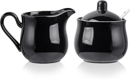 12 OZ Ceramic Sugar and Creamer Set, Coffee Serving Set, 3 Piece Cream Pitcher Sugar Bowl with Lid and Spoon (Black)