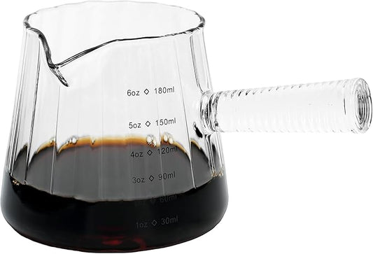 FANTESTICRYAN 6OZ Measuring Cup, Ribbed Borosilicate Glass Espresso Cup, V-Shaped Spout Drain Espresso Double Shots, Coffee Milk Tea Accessories (Clear, Glass Handle)