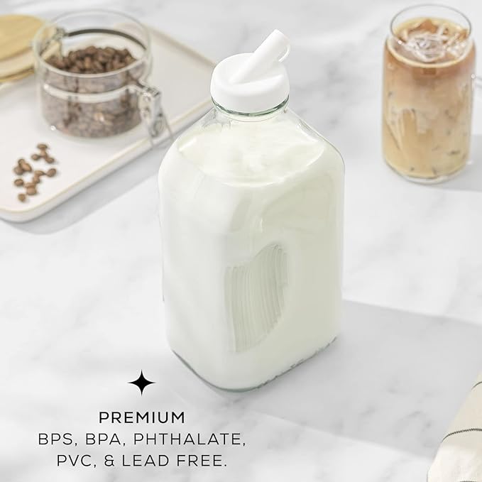 JoyJolt Glass Milk Bottles with Lids and Pourer – 64 Oz, 3 Pack Airtight Heavy Duty Reusable Glass Bottles, Leakproof, BPA-Free, Food Grade, Dishwasher Safe Jug, Pitcher for Milk, Juice, and Water
