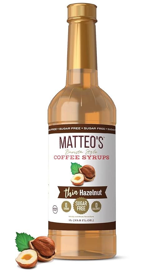 Matteo's Hazelnut Syrup for Coffee, Lattes, Cappuccinos & Desserts – Sugar-Free Sweetener for Beverages, Keto Friendly, Zero Calories, Indulgent Flavor, Non-Alcoholic, Ideal for Coffee 33.8oz (1pk)