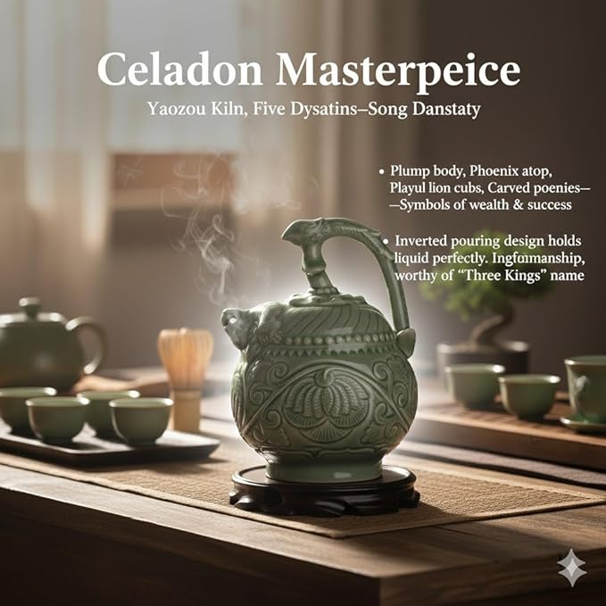 Celadon Inverted Flow Teapot - Handcrafted Chinese Traditional Ceramic Tea Pot with Intricate Carvings, Collectible Art Piece & Functional Teaware
