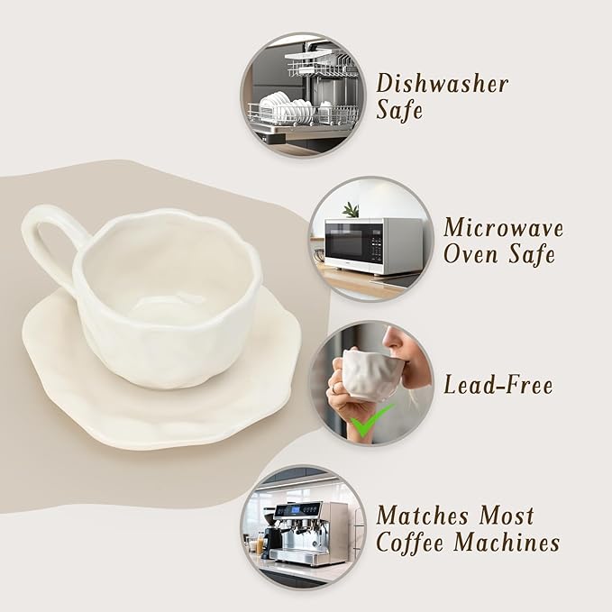MyBudsBuzz Ceramic Espresso Cups with Saucers 6 oz,Coffe Cups for Cappuccino,Latte,Tea with Saucers Set of 2 - Folds - White