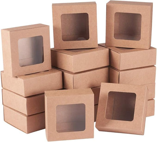 BENECREAT 24 Packs Square Kraft Paper Drawer Boxes with PVC Window Lid 2.5x2.5x1.2 Paper Gift Boxes for Bakery Party Favor Treats Storage