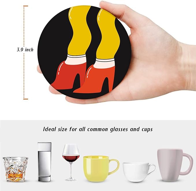 Britimes Table Coaster for Drinks Set of 6, Cute Funny Vintage Music Retro Geometric Coffee Absorbent Round Ceramic Stone Mat, with Cork Base and Metal Holder, Gift for Housewarming Room Bar Decor