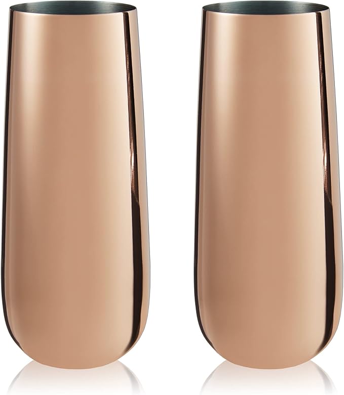 Viski Stemless Champagne Flutes, Stainless Steel Sparkling Wine Glasses for Prosecco, Sparkling Cocktails, Mimosas, Elegant Glassware for Wedding Gifts, Home Bar, 8 oz, Set of 2, Copper