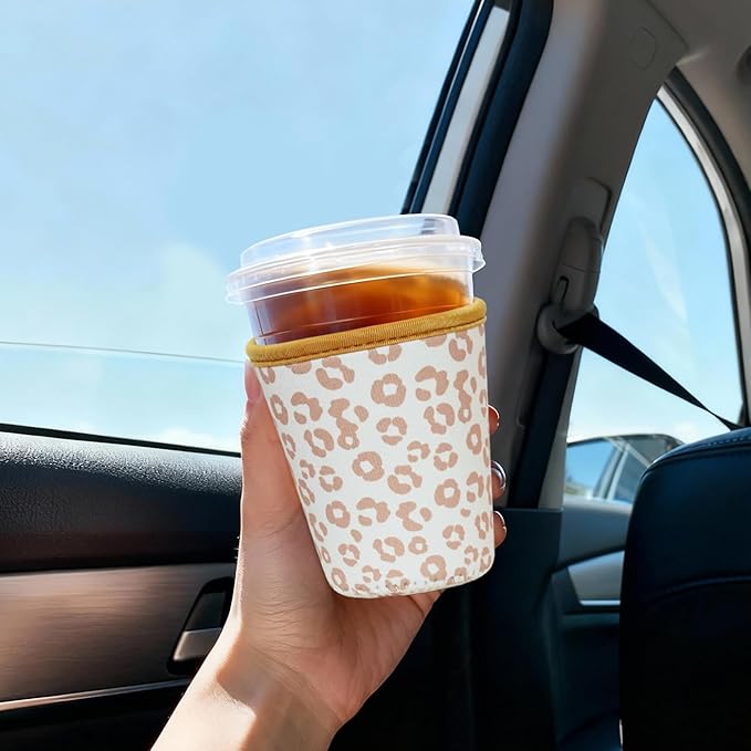 Reusable Insulated Sleeve for Iced Coffee Cup, Coffee Neoprene Sleeve for Cold & Hot Drinks, Beverage Holder for Iced Coffee (Leopard Grace, Small: 16-18oz)
