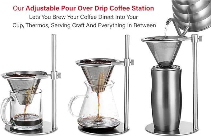 Mrisata Stainless Steel Adjustable Pour Over Coffee Maker, Adjustable Stand, Double Layer Filter, Freestanding Drip Cone Brewer and Stand, Make Coffee Directly into Mug, Cup or