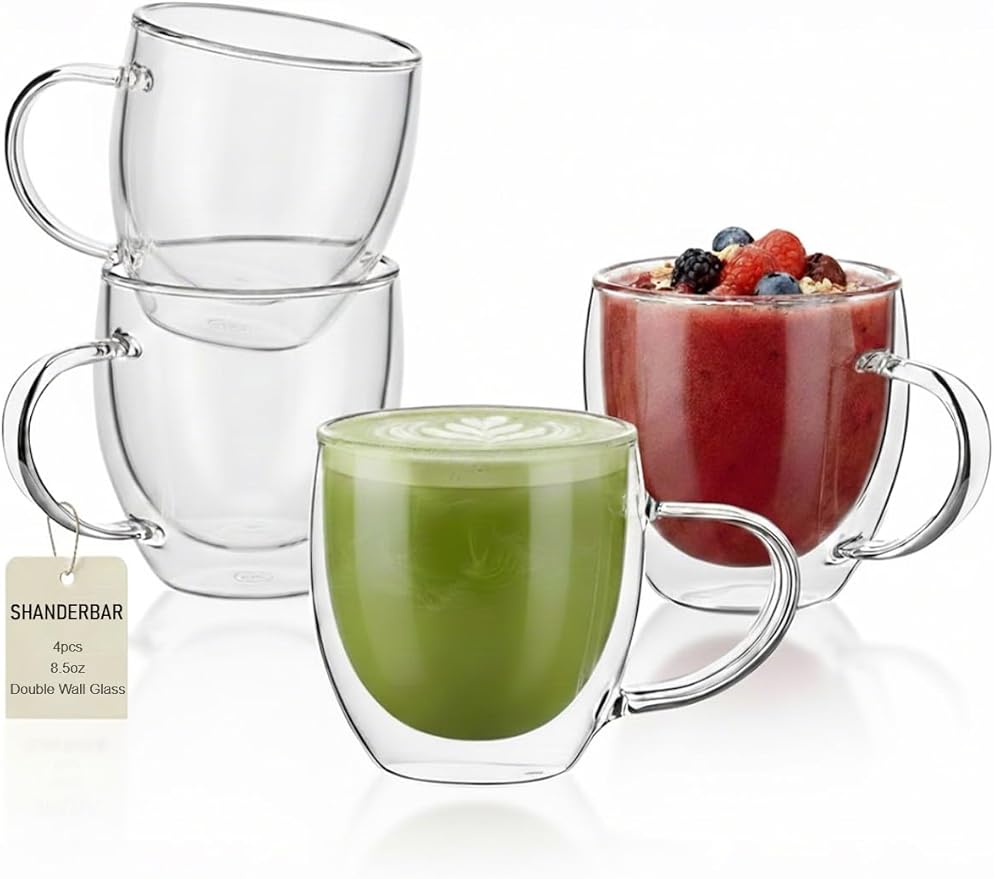 Set of 4 Double Walled Glass Coffee Mugs with Handles, 8.5oz Clear Coffee Mugs for Hot/Cold Beverages, Insulated Borosilicate Glass Cups for Cappuccino, Espresso, Latte, Tea, Milk, Microwave Safe
