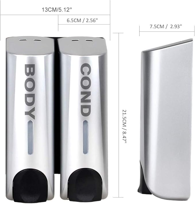 Wall Mounted Shower Soap Dispenser 2 Chamber No Drill Shampoo Dispenser for Shower, Refillable Shampoo Bottles, Wall Shampoo and Body Wash Dispenser for Bathroom Hotel 2 * 350ml Silver