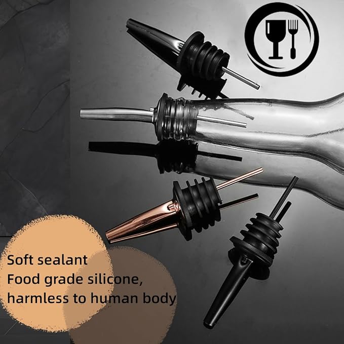 LEGERM Food-Grade Stainless Steel Liquor Pour Spouts with Dust Caps | Leak-Proof Speed Pourer for Liquor & Alcohol Bottles - Brushed Silver, Matte Black, Rose Gold