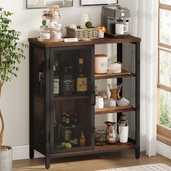 BON AUGURE Industrial Coffee Bar Cabinet for Home, Rustic Console Table Behind Couch, Wood and Metal Furniture Set for Living Room(Rustic)