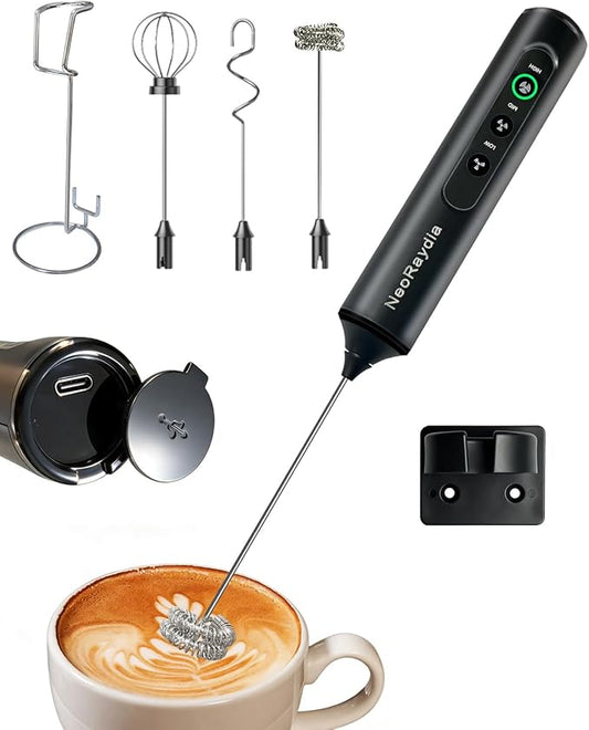 Rechargeable Electric Milk Frother Handheld, 3-Speed Wireless Preventing Splashing Drink Mixer with Stand, 10-Second Frothing for Coffee, Matcha, Latte, Cappuccino, and Protein Shakes, Black
