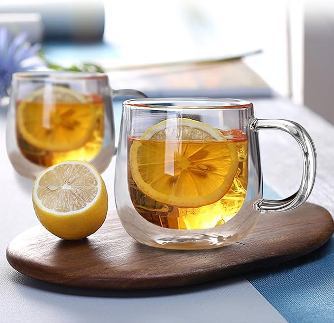 Double Wall Glass Coffee Mugs 16oz Set of 2 Insulated Clear Tea Cups with Handle, Perfect for Espresso, Latte and Cappuccinos