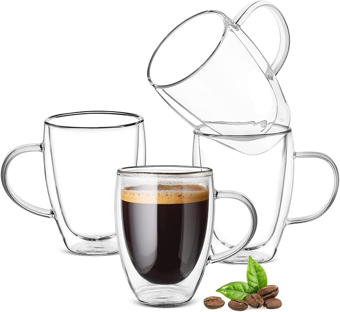 12oz Double Walled Glass Coffee Mugs with Handle, Clear Cappuccino Glass Mug Set of 4, Insulated Layer Coffee Cups, Clear Borosilicate Glass Mugs, Glasses Espresso Mugs for Coffee