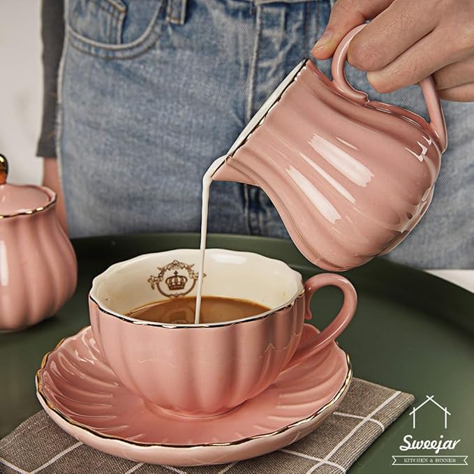 Sweejar Royal Ceramic Sugar and Creamer Set, 3 Piece Set with Cream Pitcher, Sugar Bowl, Sugar Set with Lid & Spoon, Coffee Serving Set Wedding Gift(Pink)