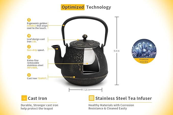 Toptier Tea Kettle for Stove Top, Cast Iron Teapot Stovetop Safe with Infusers for Loose Tea, 54 oz, Black