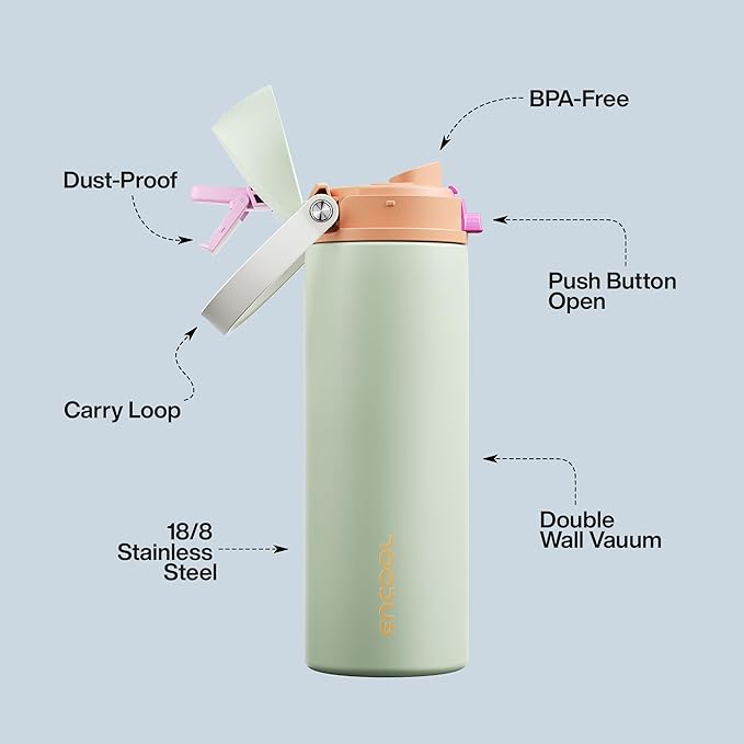 Insulated Water Bottle with Straw - Encool Stainless Steel Water Bottle with Push Button Lid, Leak-Proof & BPA-Free, Keeps Cold for 24 Hours for Sports, Travel, Gym (24 oz, Geyser Green)