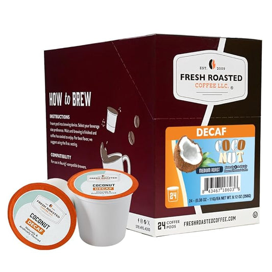 Fresh Roasted Coffee, Decaf Coconut, Flavored Coffee Pods, 24 Count