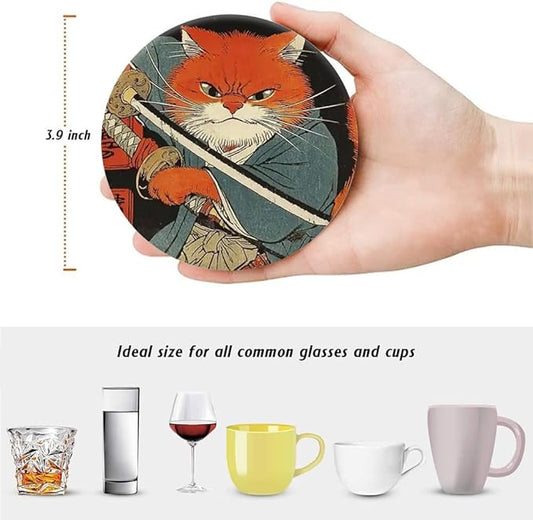 LOKMU Coasters for Drinks, Round Absorbent Ceramic Stone Coaster Sets of 6 with Metal Holder Stand, Japanese Cat Coasters with Cork Base for Coffee Wooden Table, Housewarming Gifts