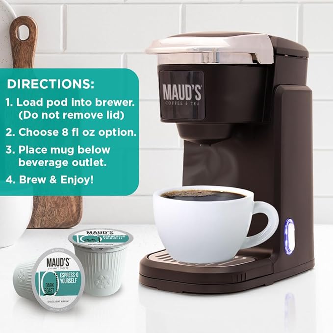 Maud's Espresso Coffee Pods, 100 ct, Dark Roast Coffee in Single Serve Pods – 100% Arabica Coffee, Compatible with Keurig K Cups Maker