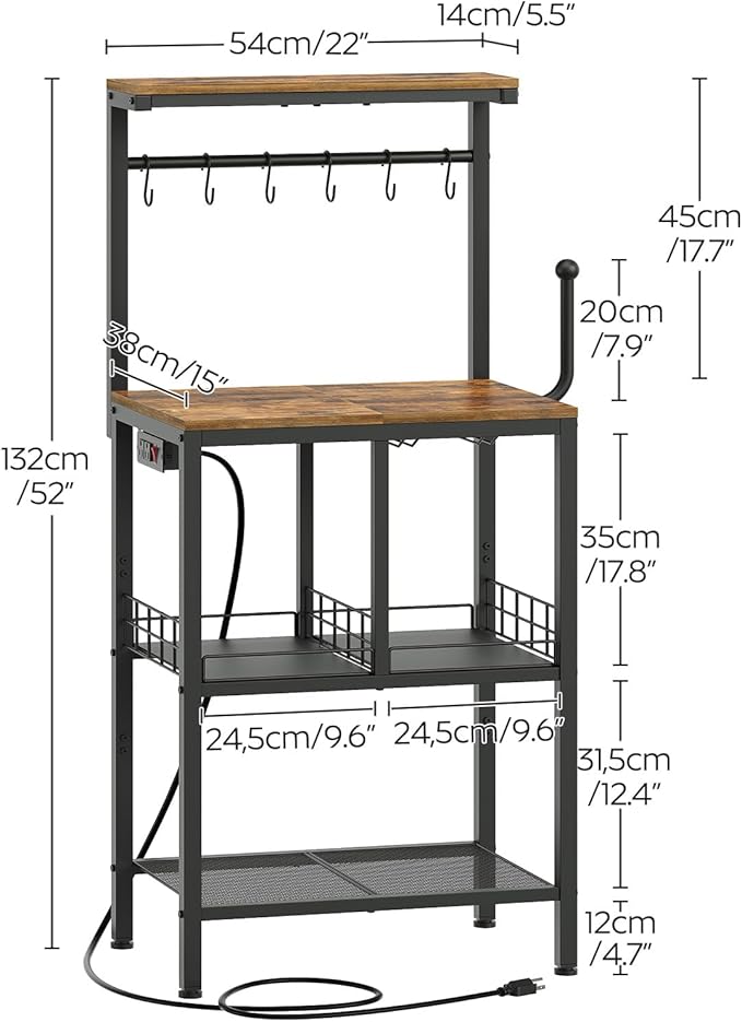 Bakers Rack with Power Outlet, Microwave Stand with Paper Holder, Coffee Bar Station with Wine Glass Holder, 4-Tier Kitchen Storage Rack for Dining Room, Living Room, Rustic Brown HB02UBR