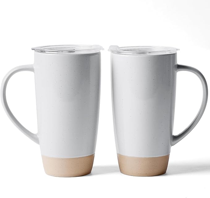 famiware Milkyway Coffee Mugs, 20oz Large Coffee Mug, Ceramic Mug Set of 2 with Lid, Cup Set with Handle for Latte, Tea, Cocoa, Milk, Home & Office, Light Gray