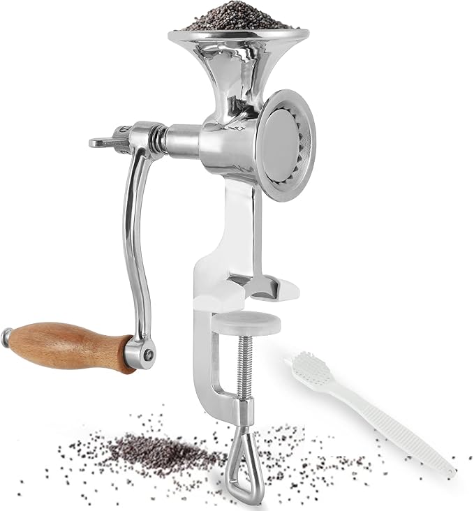 Moongiantgo Hand Grain Mill Grinder Poppy Seeds Mill Stainless Steel Coarseness Adjustable Table Clamp Hand Crank 50g Small Hopper for Pepper Corn Wheat Barley Soybeans Chickpeas Bird feed