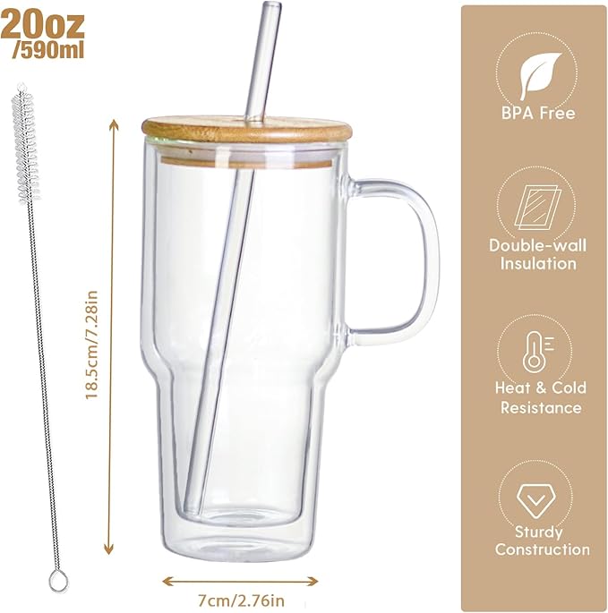 Double Wall Glass Tumbler with Handle and Straw Lid, 20oz Insulated Travel Mug Cup for Hot and Cold Drinks, Clear Glass Drinking Tumbler Cupholder Friendly