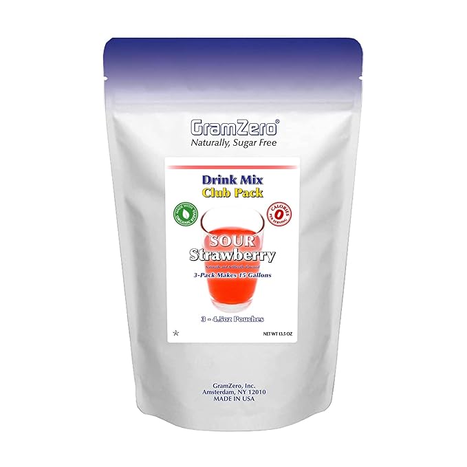 GramZero Sour Strawberry Zero Calorie Sugar Free Drink Mix, Great For Nutrition Club Loaded Tea, Stevia Sweetened
