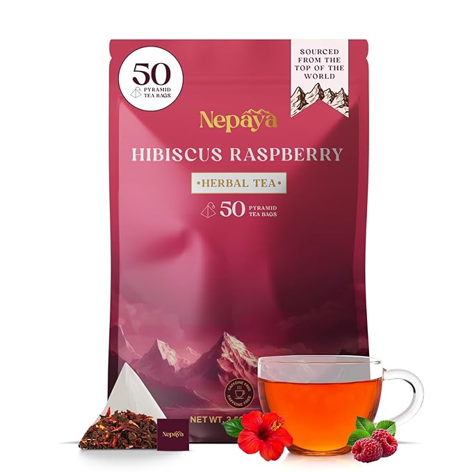 Hibiscus Raspberry Herbal Tea Bags, Caffeine Free Pyramid Tea Bags, Fruity Berry Blend with Rosehip, Lemongrass & Orange Peel, Hot or Ice Tea, 50 Biodegradable Bags