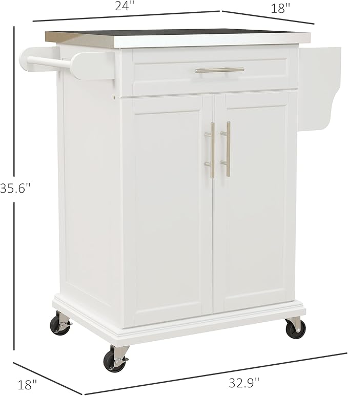 HOMCOM Kitchen Island on Wheels, Rolling Kitchen Cart with Stainless Steel Countertop, Drawer, Towel Rack and Spice Rack, Utility Storage Trolley, Cream White