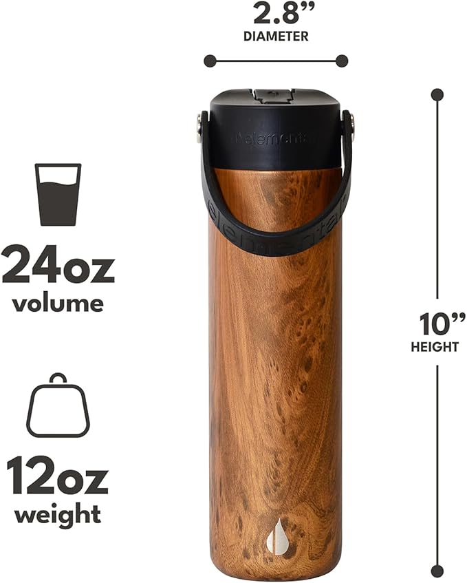 Elemental 24oz Insulated Water Bottle with Straw - 100% Leak-Proof Stainless Steel Core Water Bottles for Travel, Sports and Gym - Double Wall Insulation & BPA Free - Teak Wood