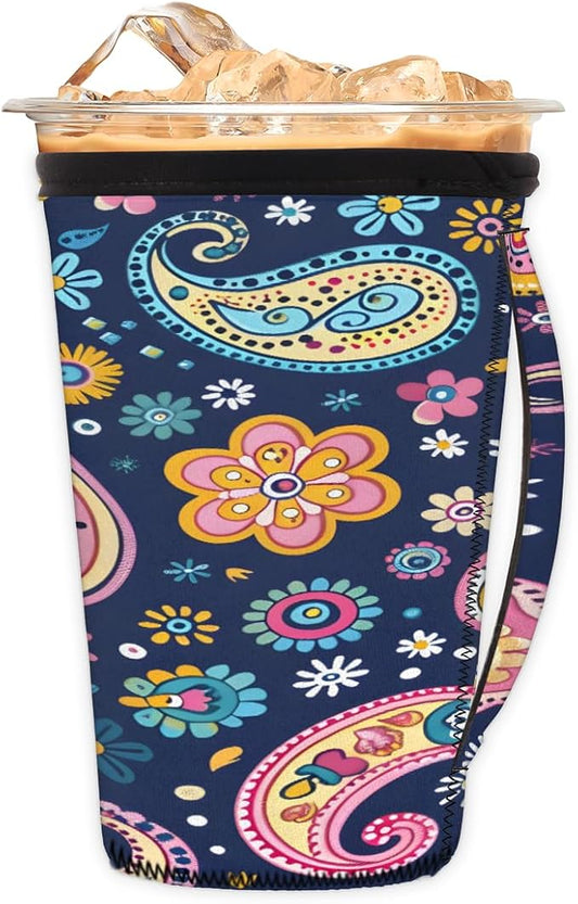Reusable Iced Coffee Cup Sleeve Paisley Neoprene Insulated Sleeves Cup Holder with handle Idea for 30oz - 32oz